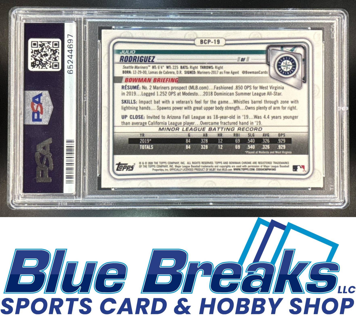 2020 Bowman Sapphire Chrome Julio Rodriguez [RC] #BCP-19 PSA 10 Mariners