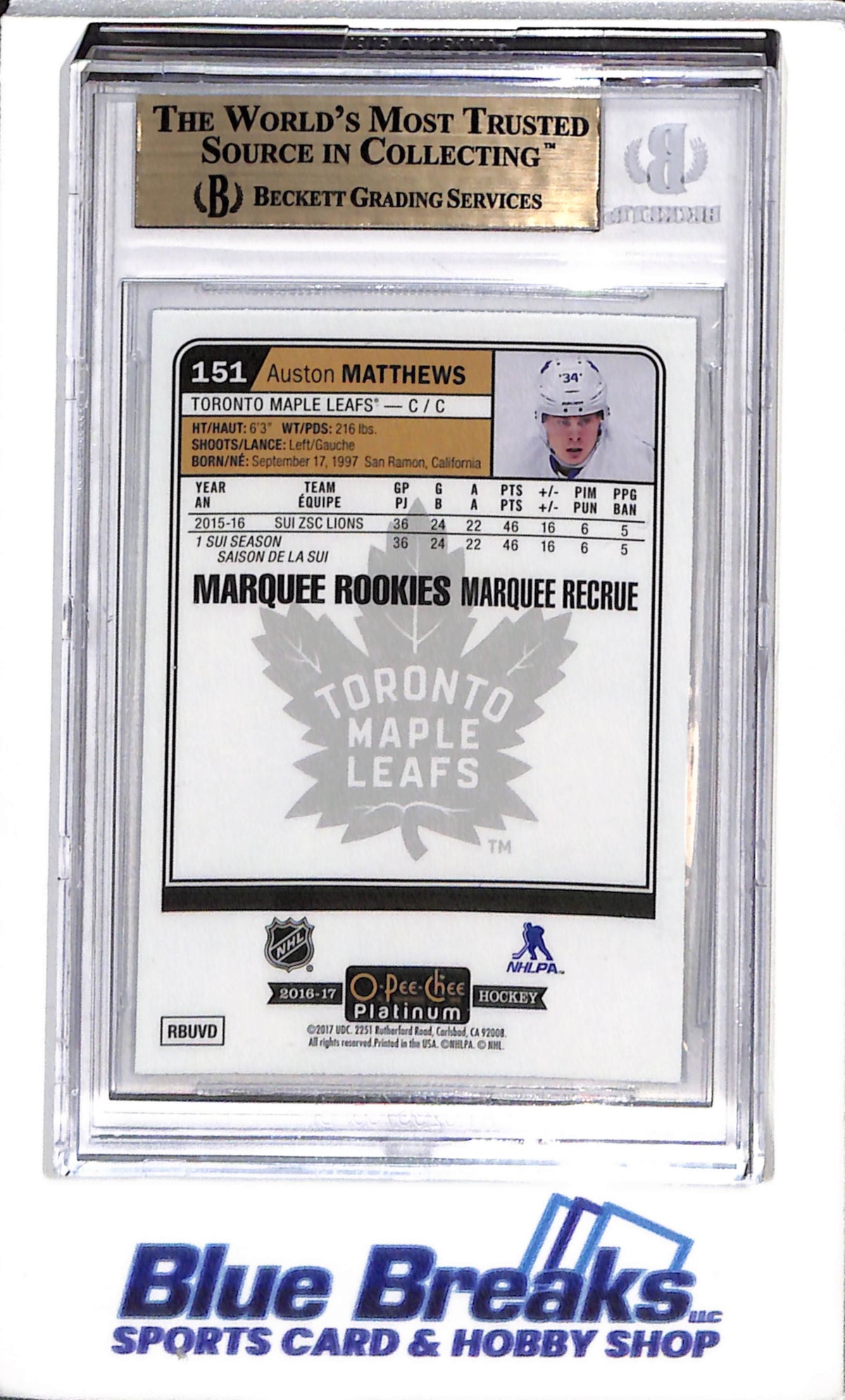 2016-17 O-Pee-Chee - Platinum - Marquee Rookie - Auston Matthews - BGS9.5 - #151 - Ice Hockey - Maple Leafs