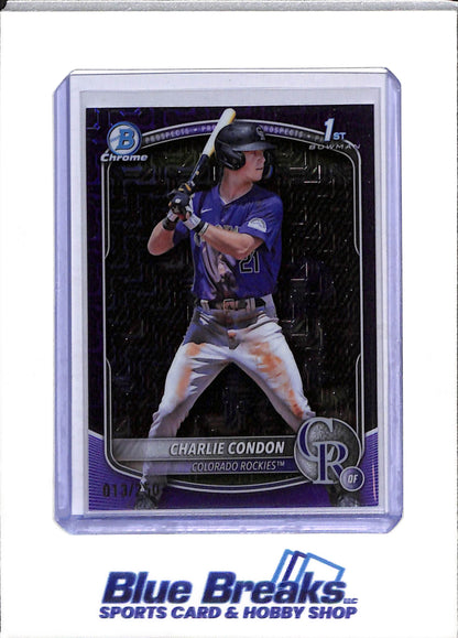 2025 Topps - Bowman Chrome - 1st - Purple Mojo - Charlie Condon - 013/250 - #BCP-75 - Baseball - Rockies