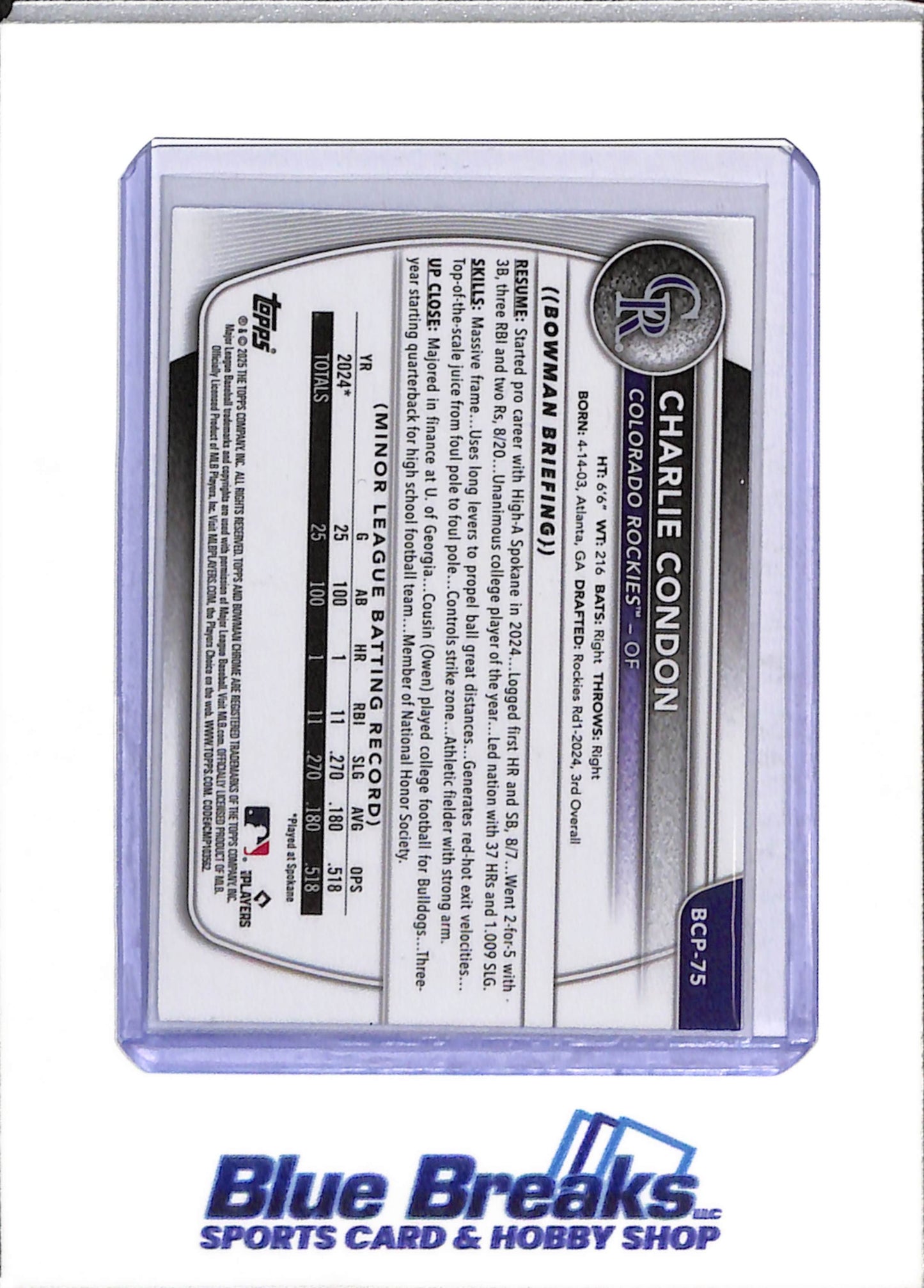 2025 Topps - Bowman Chrome - 1st - Purple Mojo - Charlie Condon - 013/250 - #BCP-75 - Baseball - Rockies