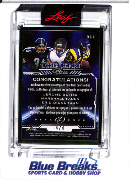 2022 Leaf - Decadence Green - The Epic Three Auto - Bettis - Faulk - Dickerson - 4/4 - #TE3-01 - Football