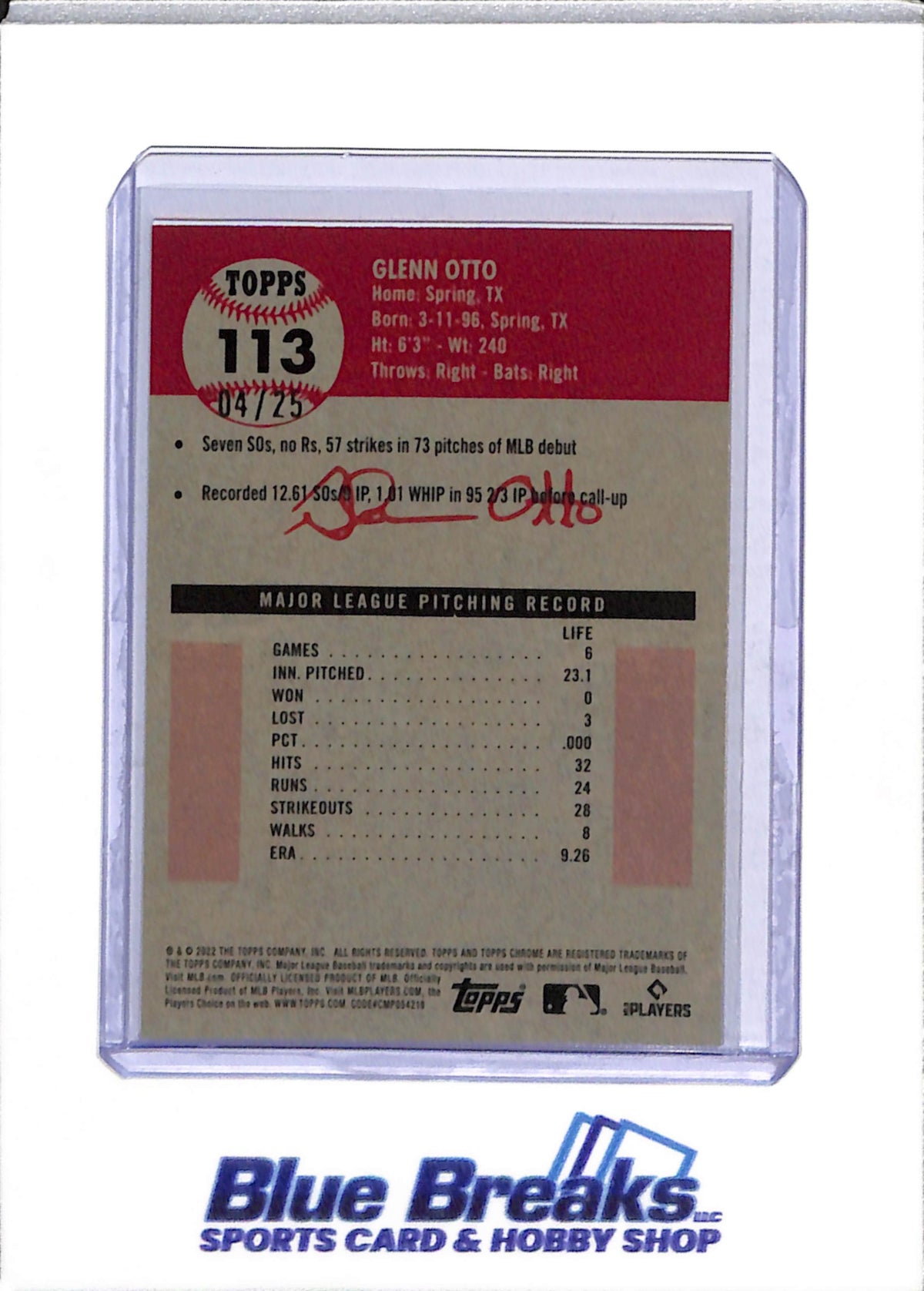 2023 Topps - Chrome - Orange Wave Refractor - Rookie Card - Glenn Otto - 04/25 - #113 - Baseball - Rangers