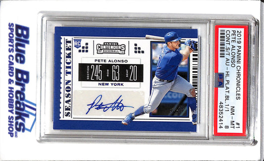 2019 Panini - Chronicles - Contenders Season Ticket - Platinum Blue - Auto - Rookie Card - Pete Alonso - PSA 8 - 1/1 - #1 - Baseball - Mets - drop