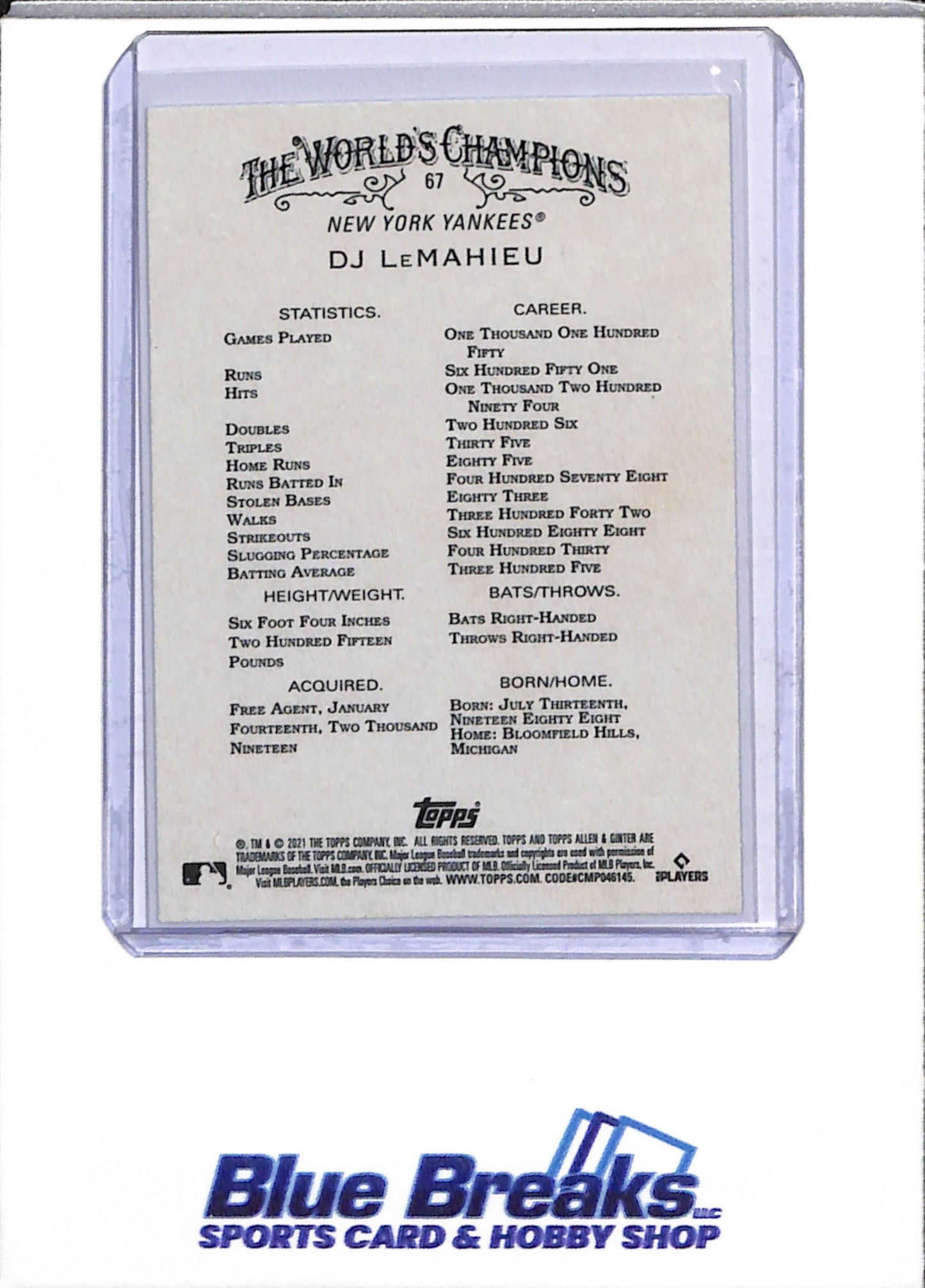 2021 Allen & Ginter - Auto - DJ LeMahieu - #67 - Baseball - Yankees