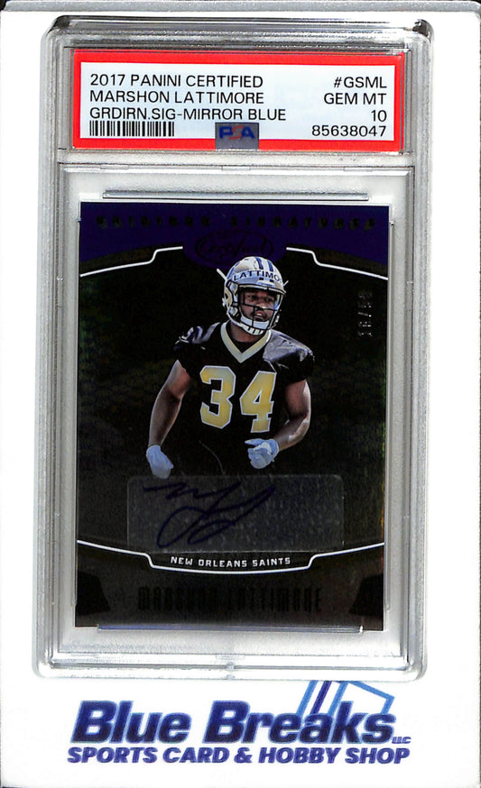 2017 Panini - Gridiron Signatures - Mirror Blue - Auto - Marshon Lattimore - PSA10 - 10/50 - #GSML - Football - Saints - drop