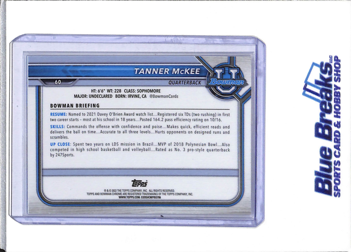 2022 Topps - Bowman U - 1st Blue - Tanner McKee - 103/199 - #60 - Football - Eagles
