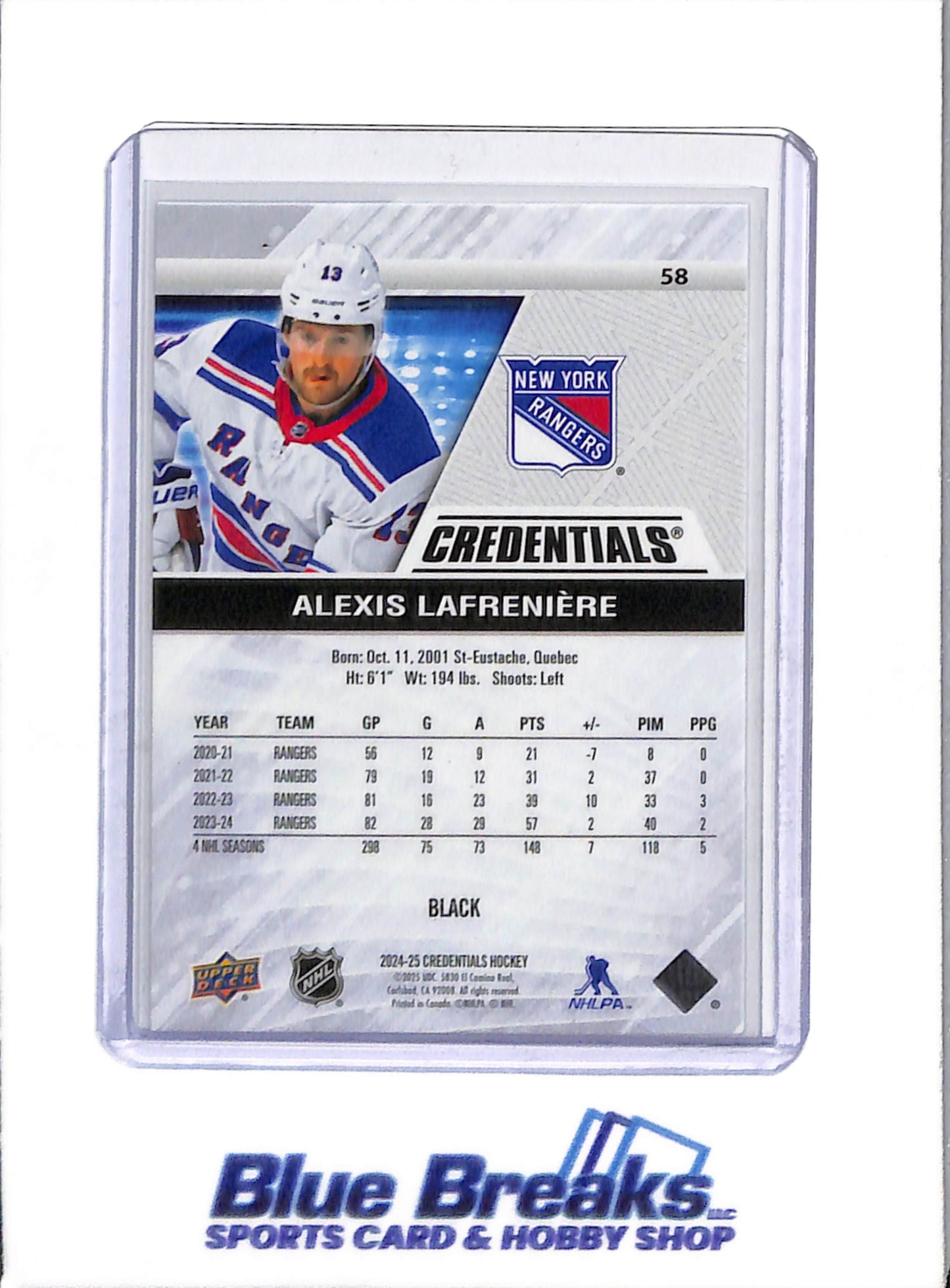 2024-25 Upper Deck - Credentials - Black - Alexis Lafreniere - 1/1 - hockey - Rangers - drop