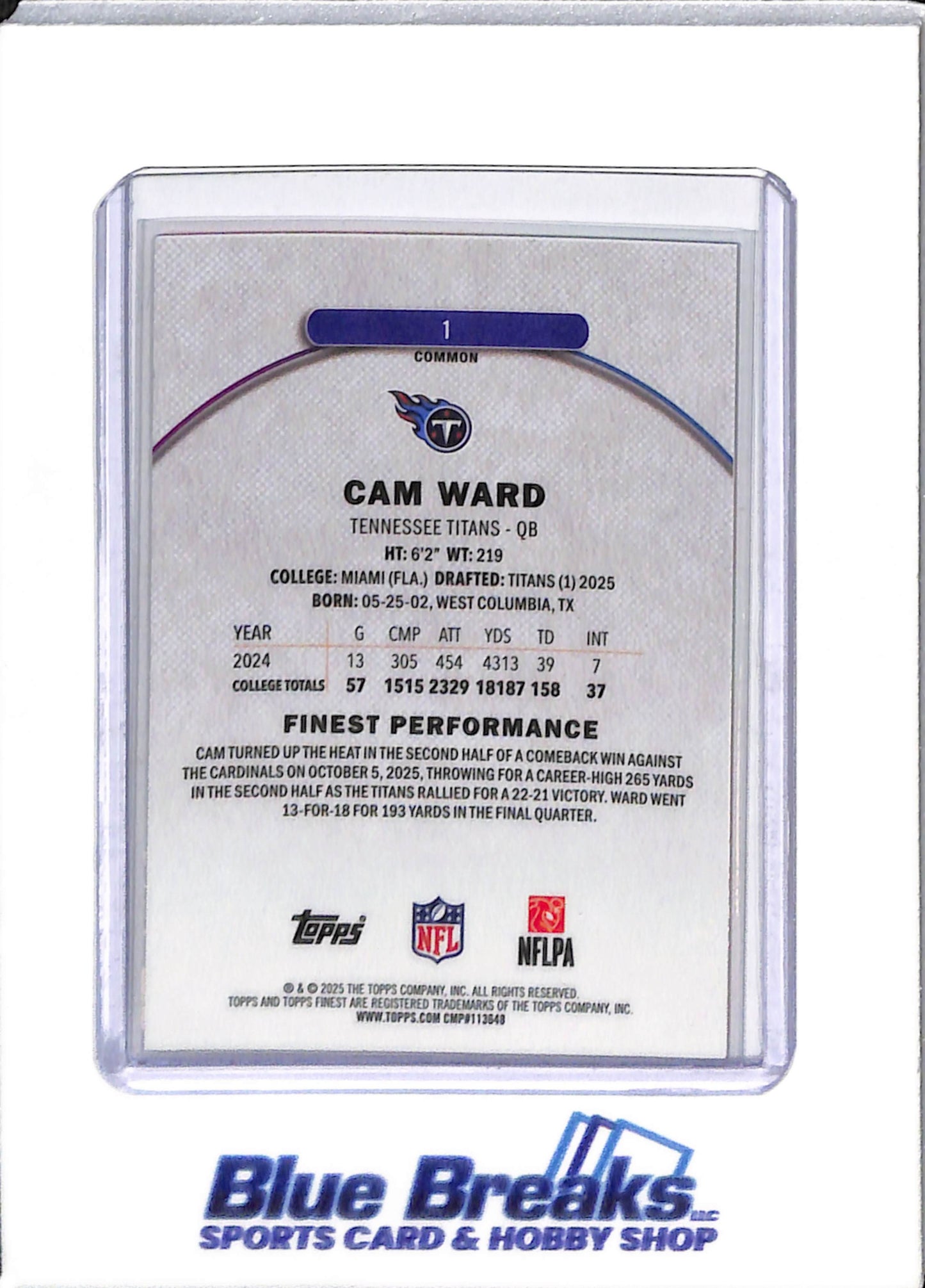 2025 Topps Finest - common - red - Cam Ward - 10/10 - RC - #1 - football - Titans - drop