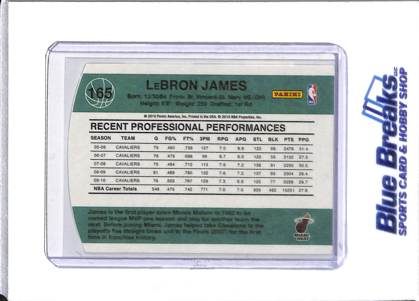 2010 Panini - Donruss - LeBron James - #165 - basketball - Heat - drop