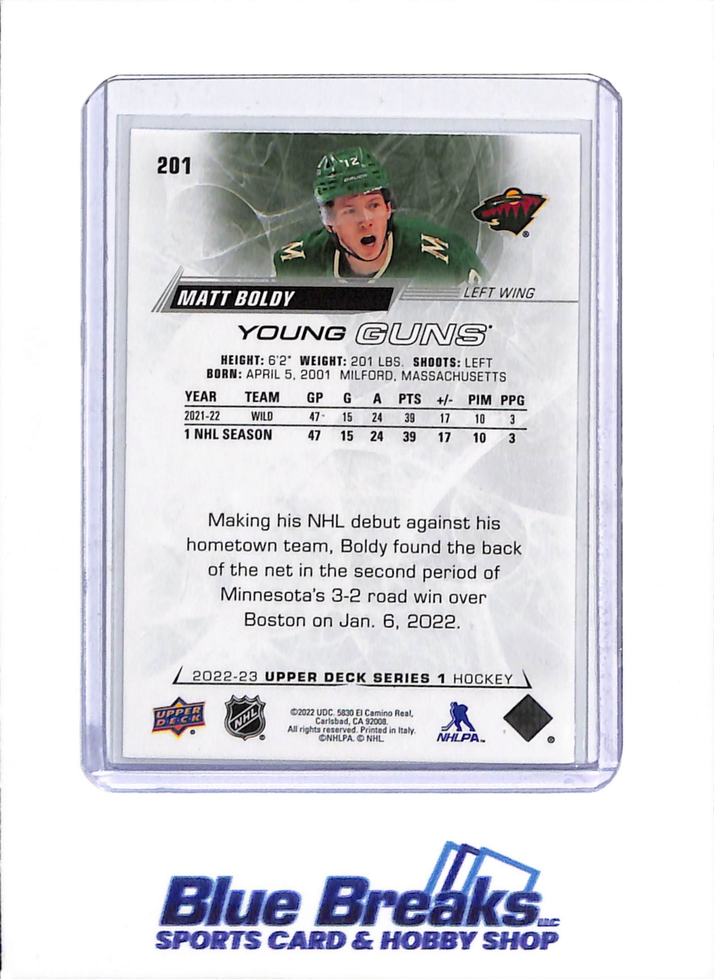 2022-23 Upper Deck - Series 1 - Young Guns - Matt Boldy - #201 - hockey - Wild - drop