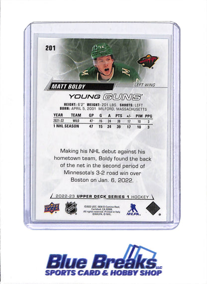 2022-23 Upper Deck - Series 1 - Young Guns - Matt Boldy - #201 - hockey - Wild - drop