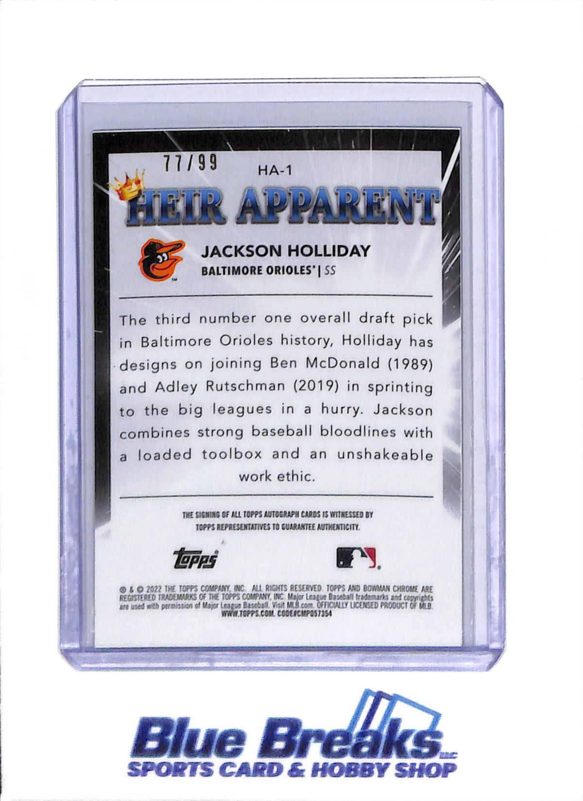 2022 Bowman - Chrome - Heir Apparent - Auto - Jackson Holliday - 77/99 - #HA-1 - Baseball - Orioles