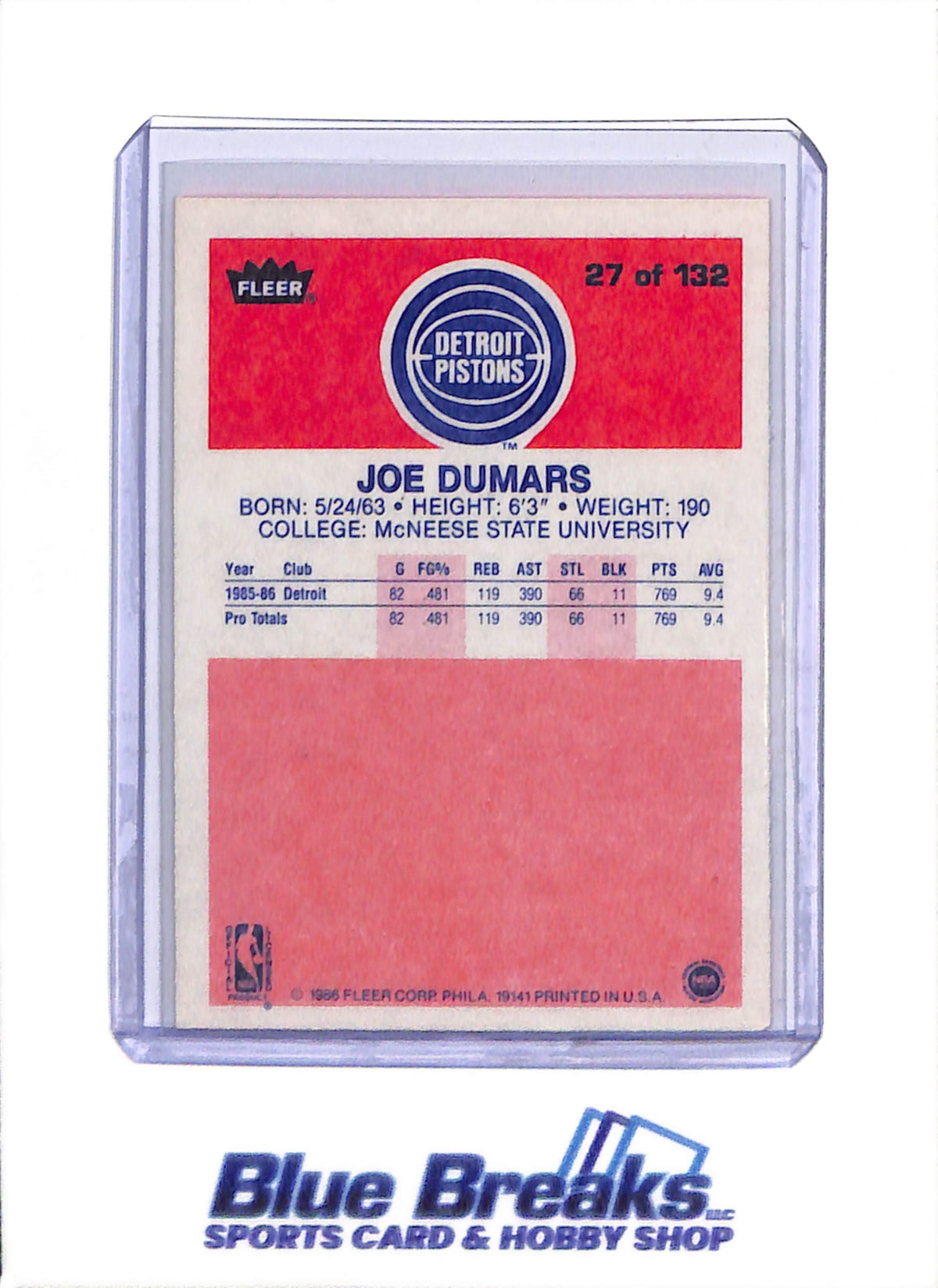 1986 Fleer - Joe Dumars - #27 - Basketball - Pistons