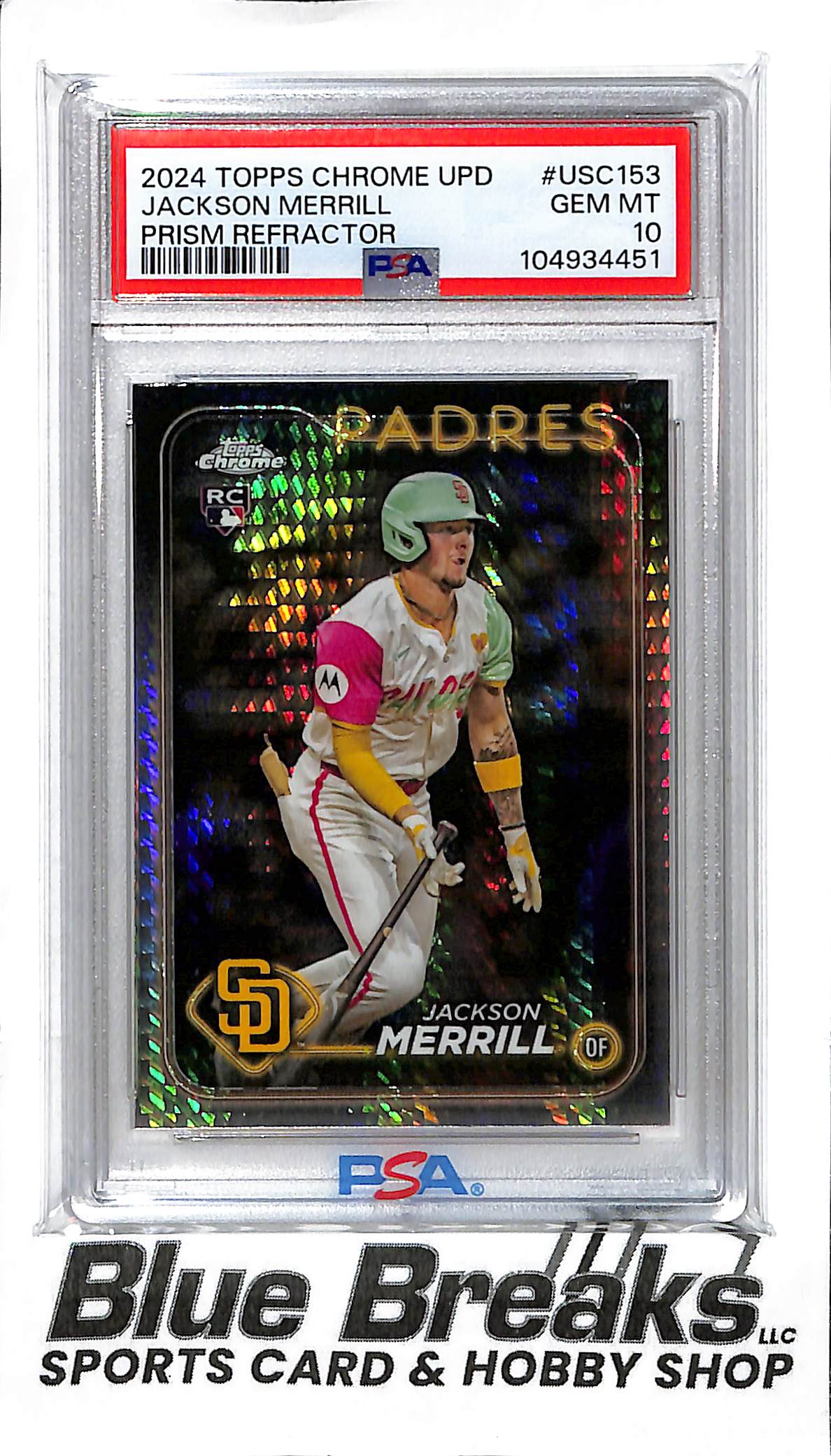 2024 Topps Chrome Update - Prism Refractor - Jackson Merrill - RC - #USC153 - baseball - PSA 10 - Padres