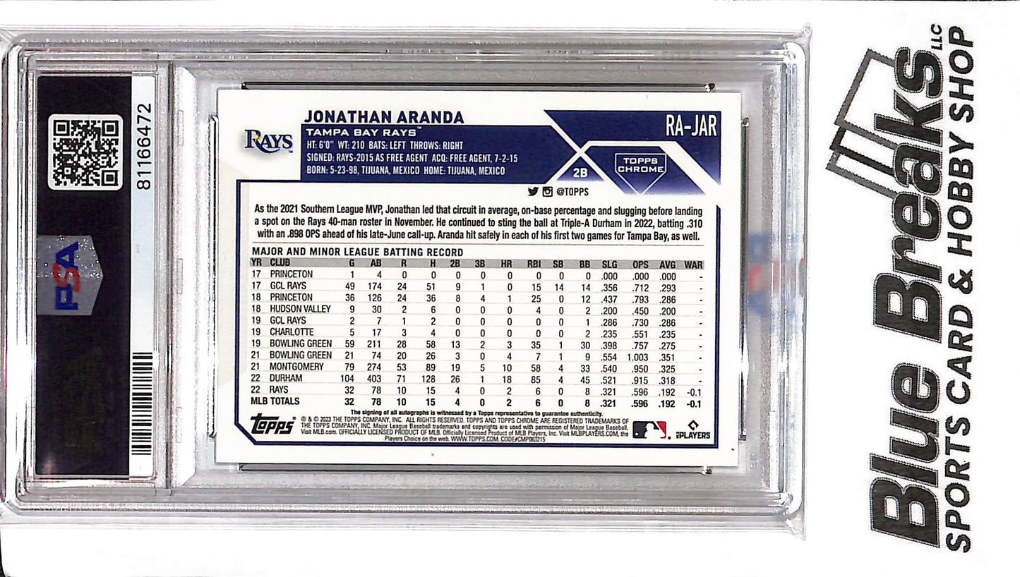 2023 Topps Chrome - Jonathan Aranda - RA-JAR - Aqua Wave 151/199 - PSA 9 - Baseball - Rays