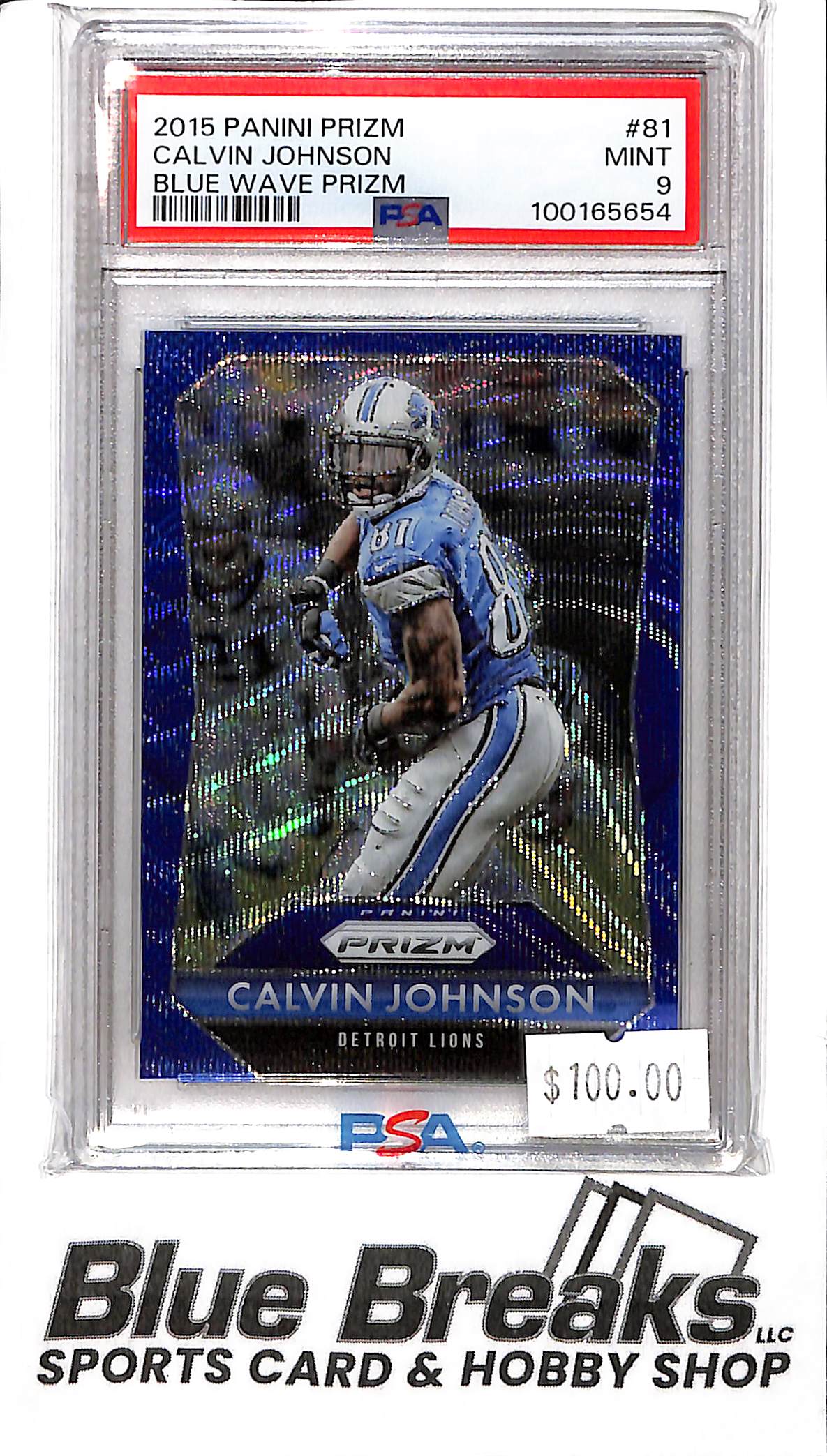 2015 Panini Prizm- Calvin Johnson - #81 - Blue Wave 056/150 - PSA 9 - Football - Lions