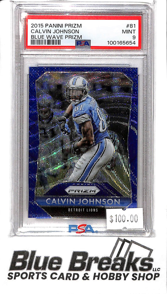 2015 Panini Prizm- Calvin Johnson - #81 - Blue Wave 056/150 - PSA 9 - Football - Lions