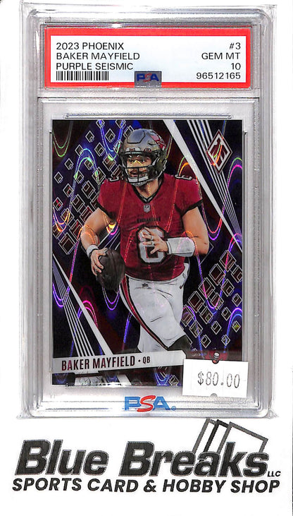 2023 Panini Phoenix - Baker Mayfield - #3 - Purple Seismic 105/125 - PSA 10 - Football - Buccaneers