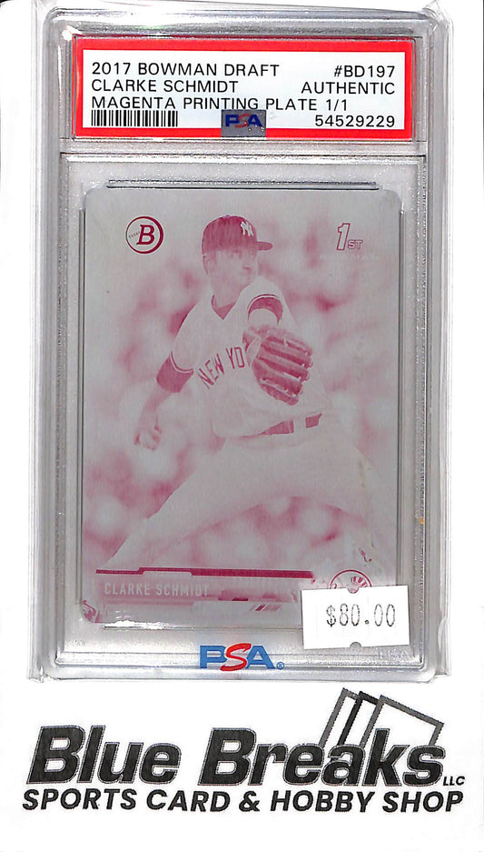 2017 Bowman Draft - Clarke Schmidt - BD197 - Magenta Printing Plate 1/1 - PSA Authentic - Baseball - Yankees