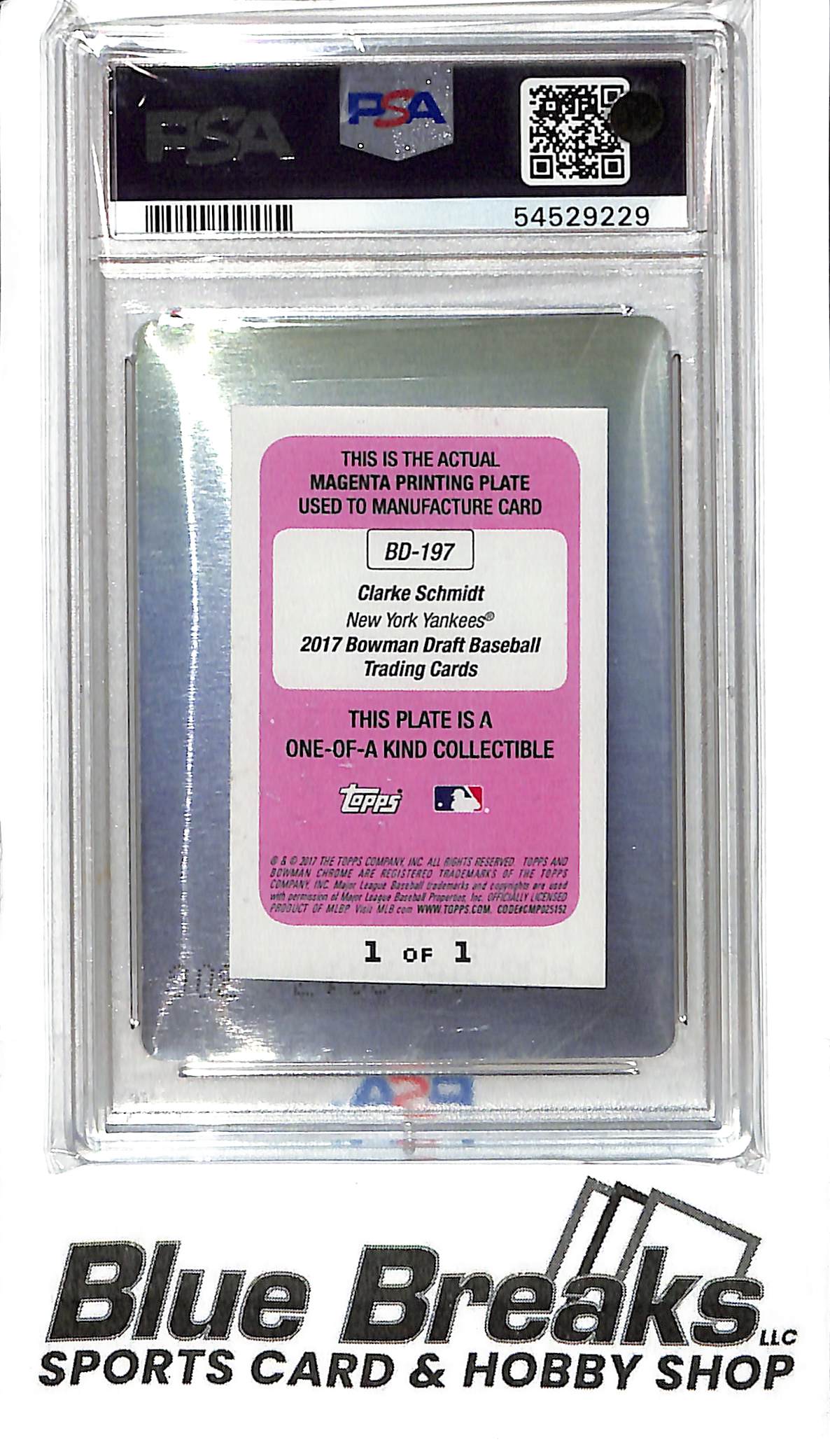 2017 Bowman Draft - Clarke Schmidt - BD197 - Magenta Printing Plate 1/1 - PSA Authentic - Baseball - Yankees