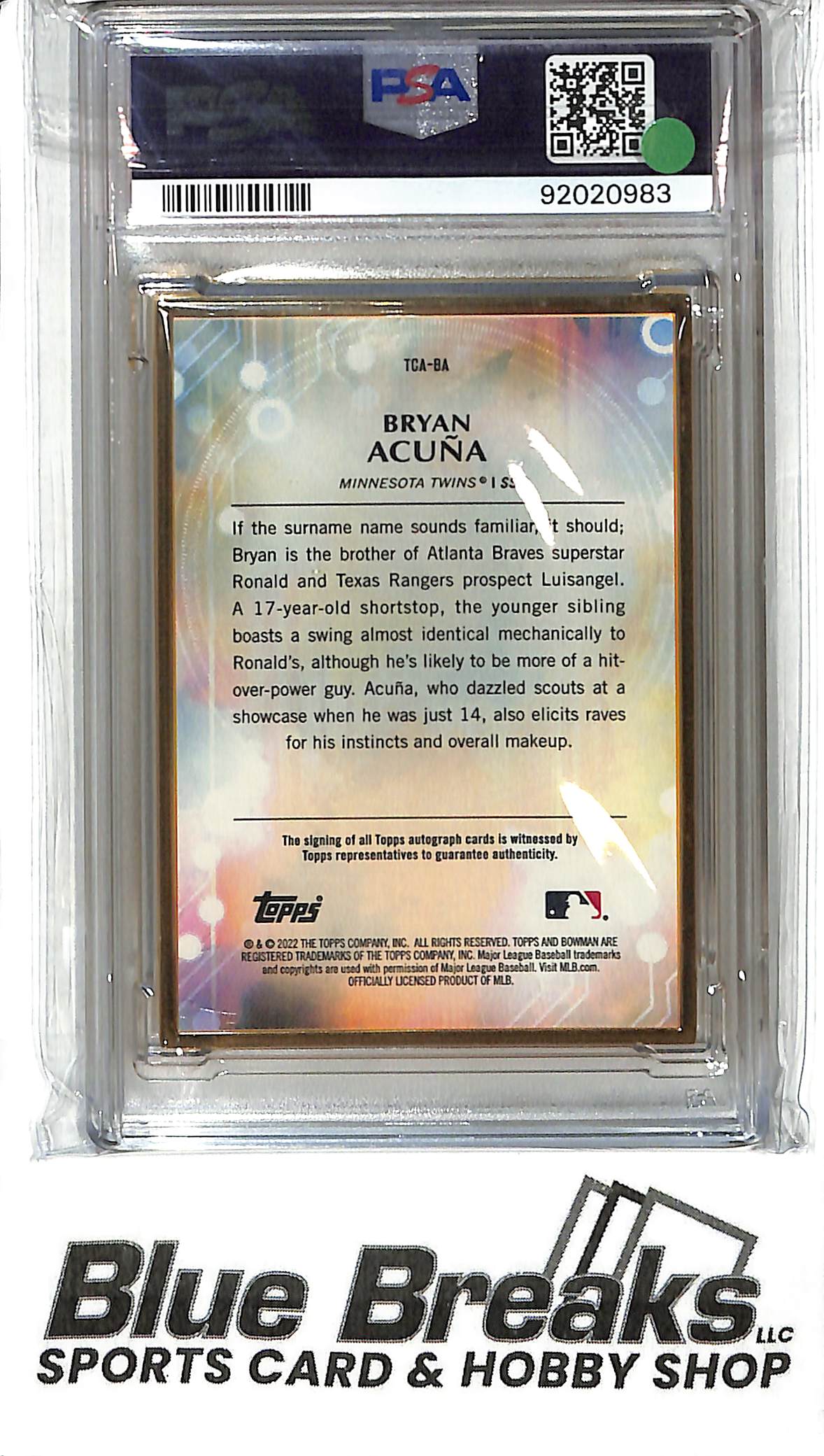 2022 Bowman Transcendent - Bryan Acuna Auto - TCA-BA - 17/20 - PSA Auth/Auto 10 - Baseball - Twins