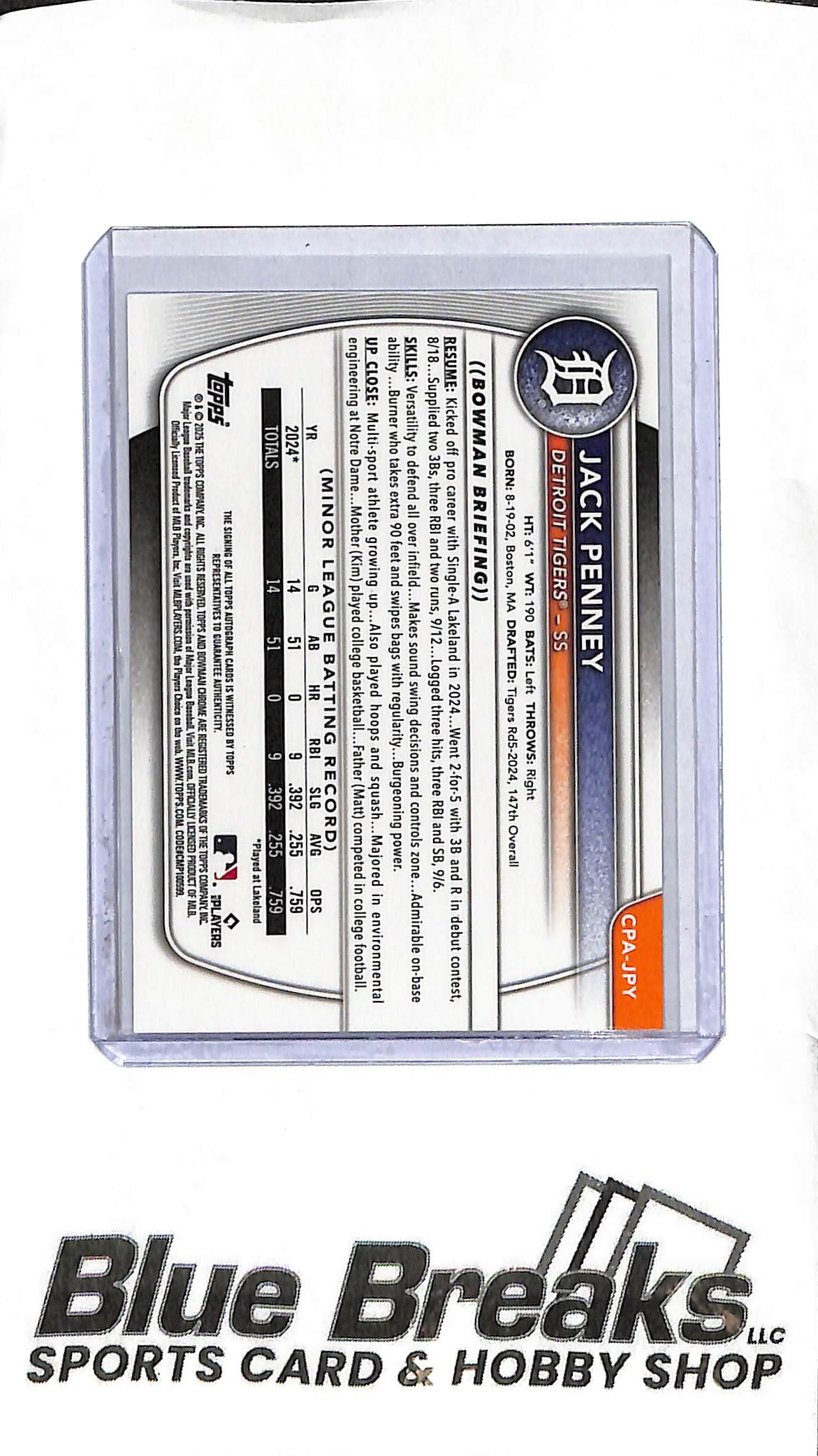 2025 Bowman - Jack Penney 1st Bowman Auto - CPA-JPY - Baseball - Tigers