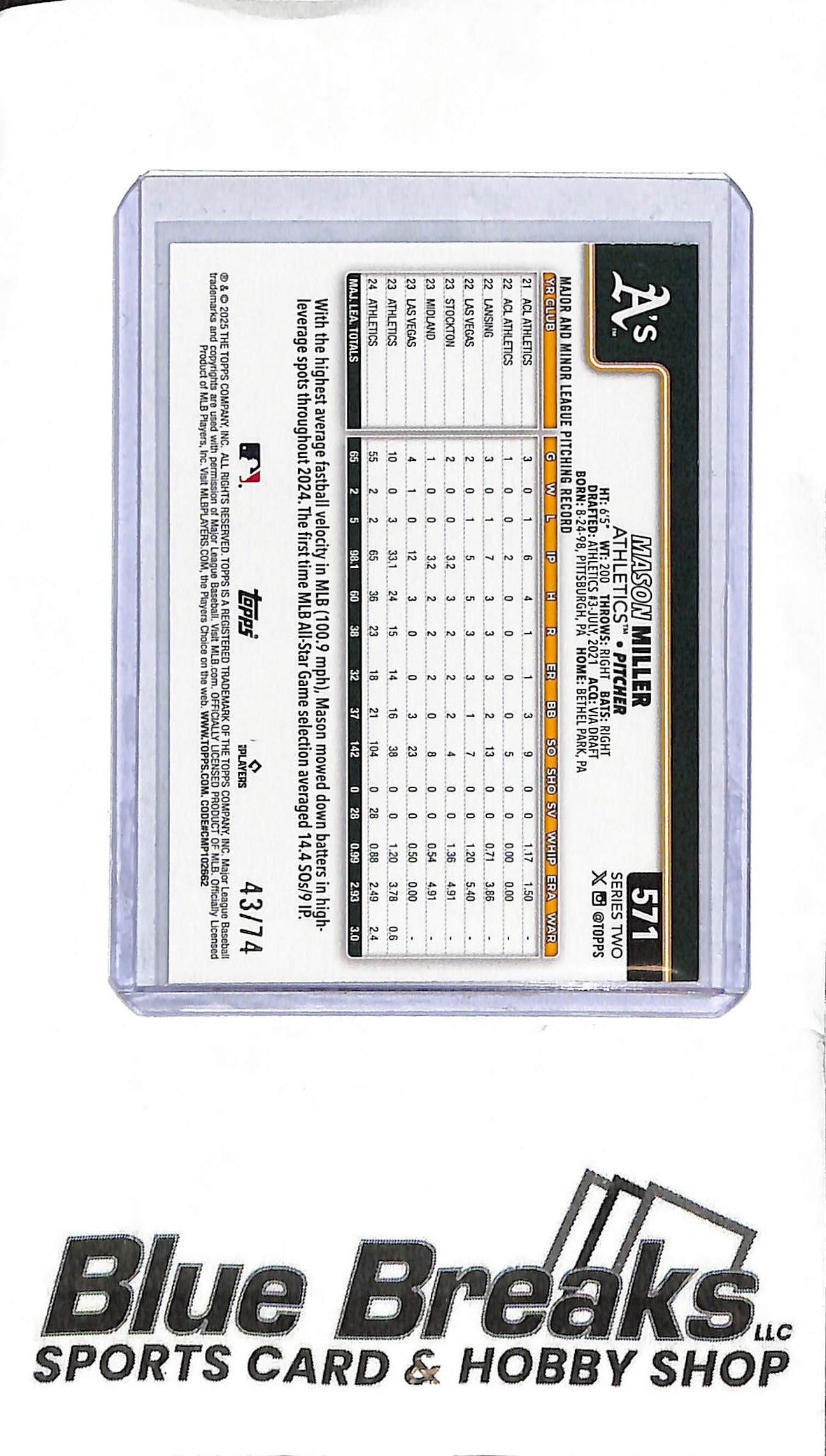 2025 Topps Series Two - Mason Miller Rookie Cup - #571 - Black Border 43/74 - Baseball - Athletics