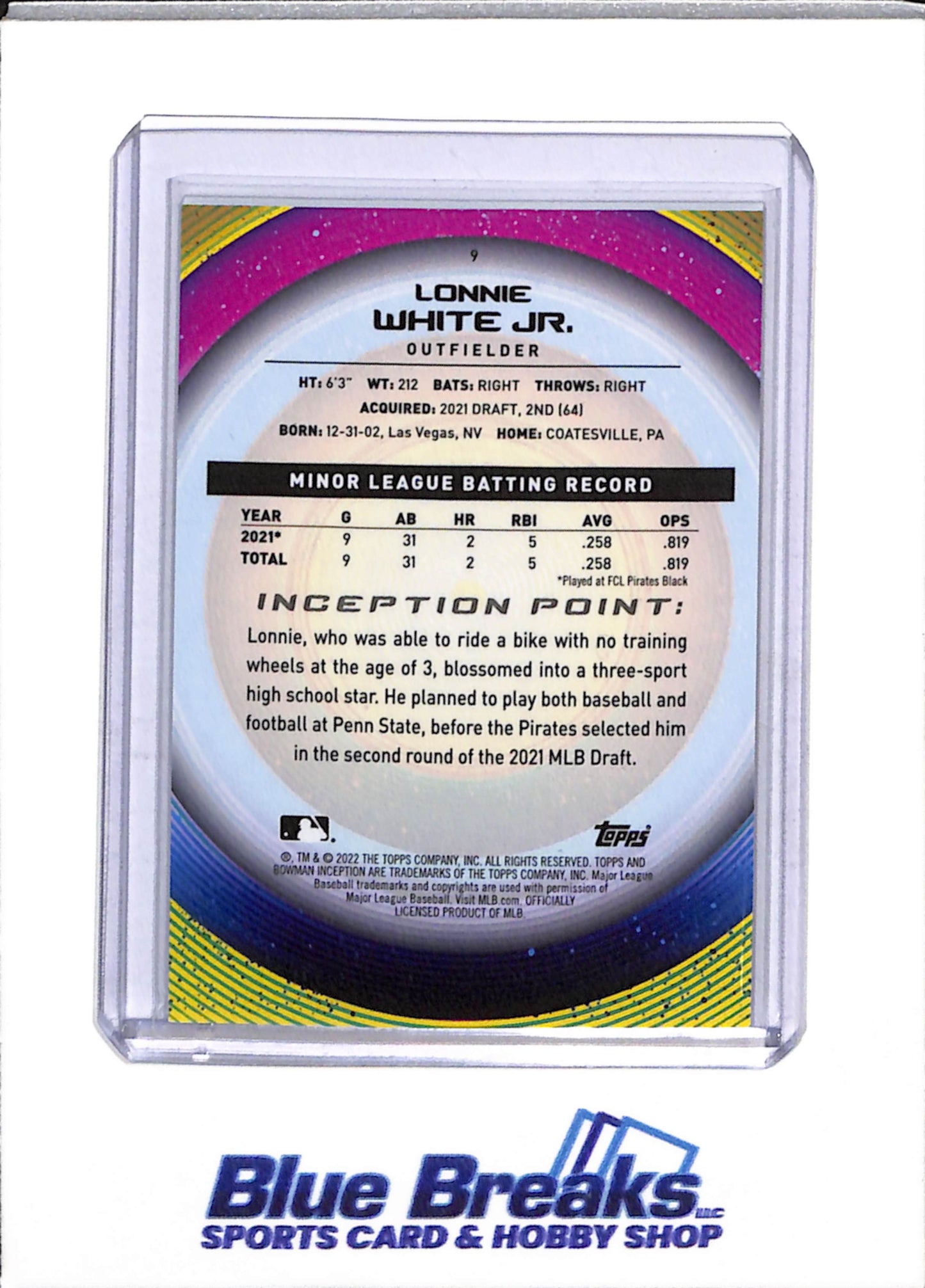 2022 Bowman - Inception - Lonnie White Jr - Auto 44/99, non-auto 31/75 & 30/99 - Baseball - Pirates