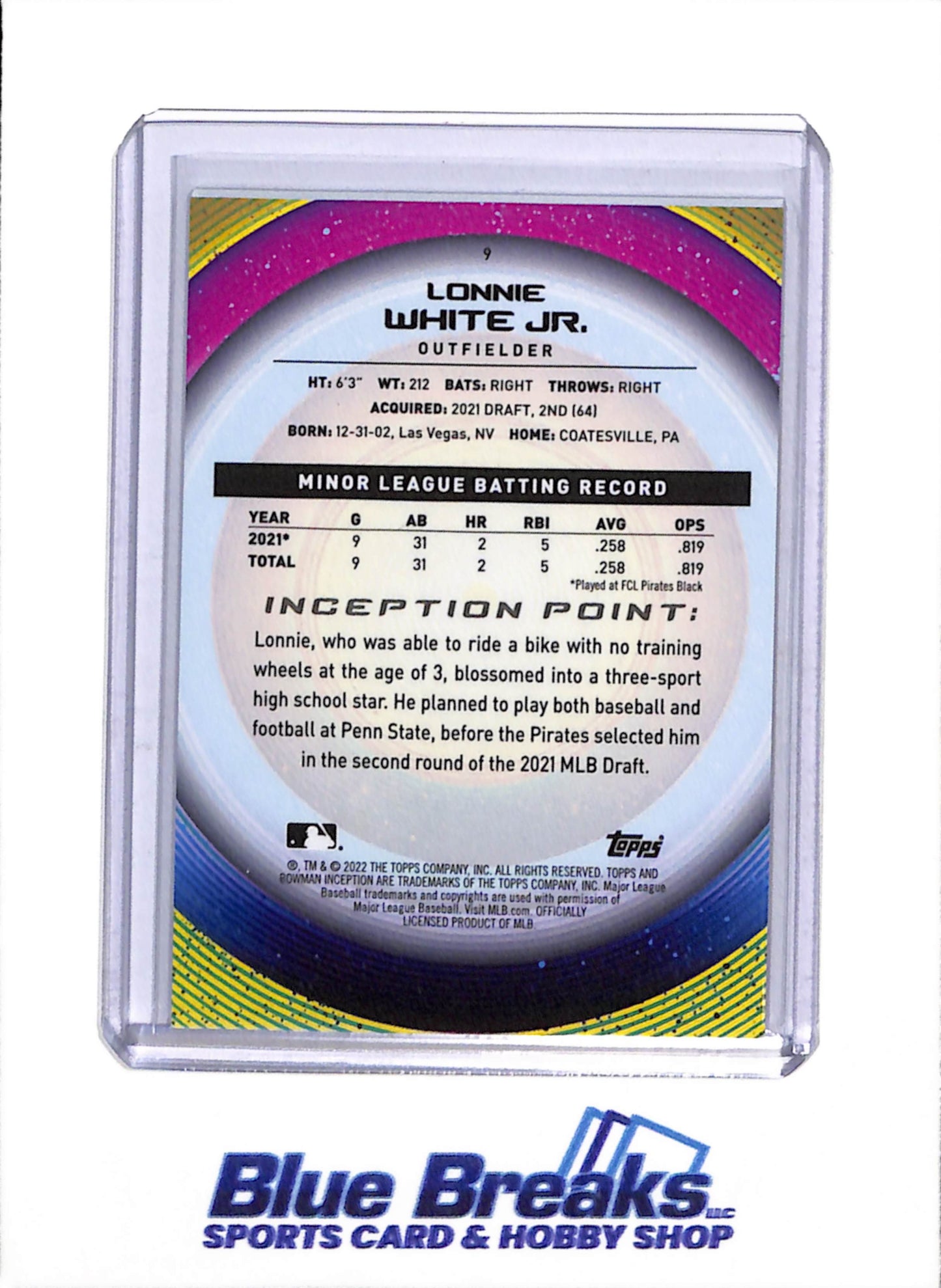 2022 Bowman - Inception - Lonnie White Jr - Auto 44/99, non-auto 31/75 & 30/99 - Baseball - Pirates