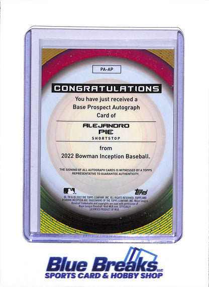 2022 Topps - Bowman - Inception Autos - Taj Bradley - 039/399 - Ryan Spikes - 103/399 - Alejandro Pie - 15/75 - Cooper Kinney - 29/99 - Baseball - Rays