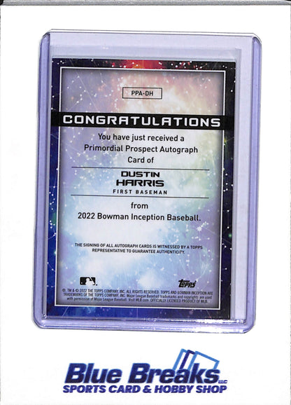 2022 Topps - Bowman - Inception Auto - Primordial Prospects - Dustin Harris - 22/25 - #PPA-DH - Baseball - Rangers