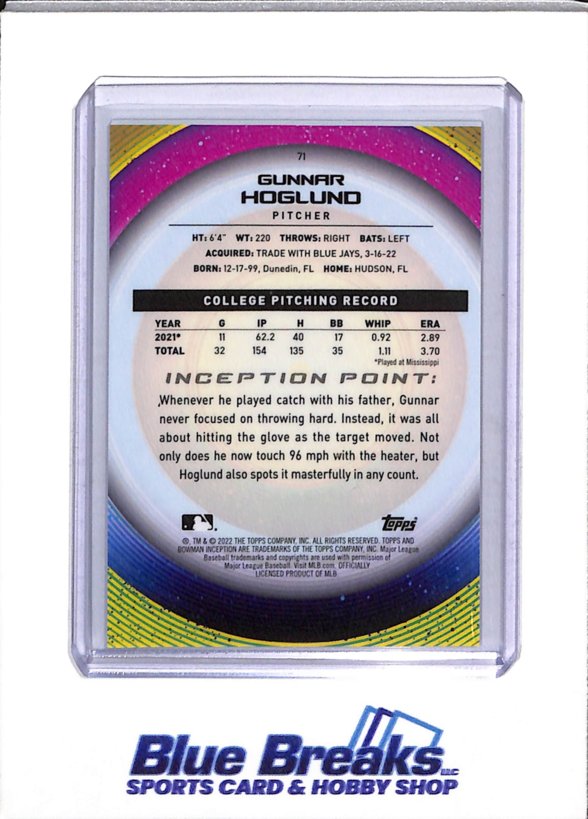 2022 Topps - Bowman - Inception - Gunnar Hoglund - Auto - 05/75 - #PA-GH - non-auto Blue/Aqua - 42/99 - #71 - Blue/Black - 59/99 - #71 - Yellow - 16/50 - #71 - Baseball - Athletics