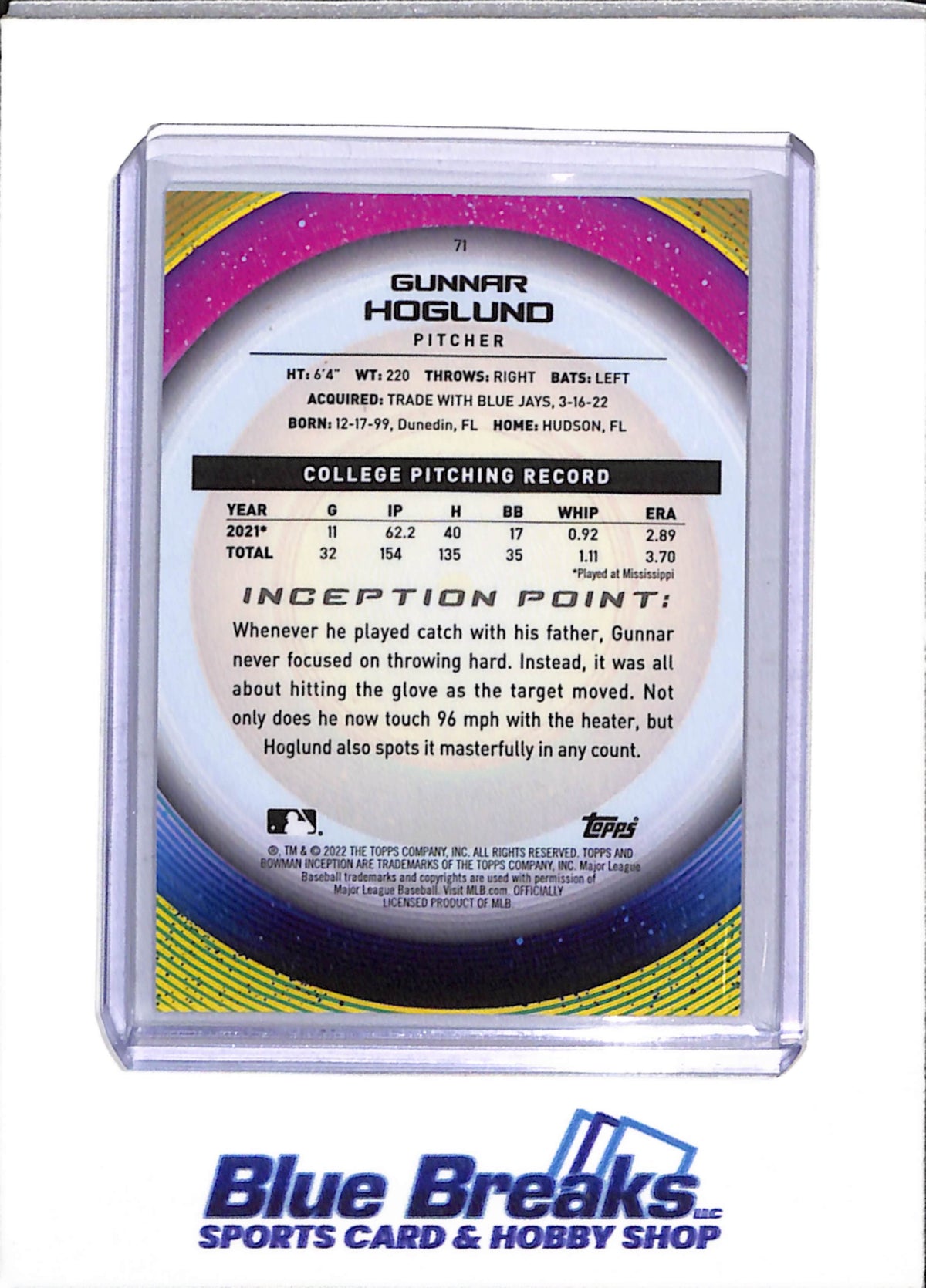 2022 Topps - Bowman - Inception - Gunnar Hoglund - Auto - 05/75 - #PA-GH - non-auto Blue/Aqua - 42/99 - #71 - Blue/Black - 59/99 - #71 - Yellow - 16/50 - #71 - Baseball - Athletics