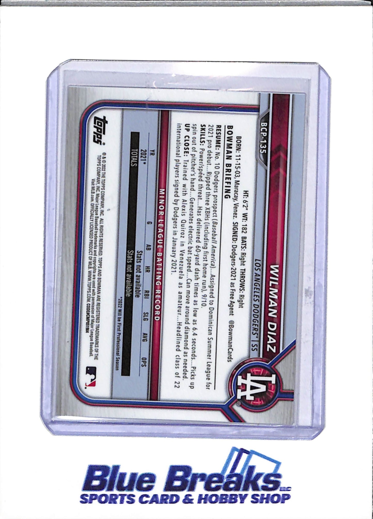 2022 Topps - Bowman Chrome - Sapphire Red - Wilman Diaz - 8/10 - #BCP-135 - Baseball - Dodgers
