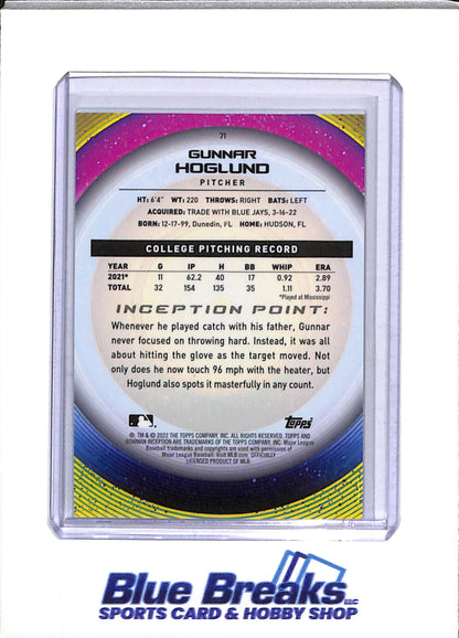 2022 Topps - Bowman - Inception - Gunnar Hoglund - Auto - 05/75 - #PA-GH - non-auto Blue/Aqua - 42/99 - #71 - Blue/Black - 59/99 - #71 - Yellow - 16/50 - #71 - Baseball - Athletics