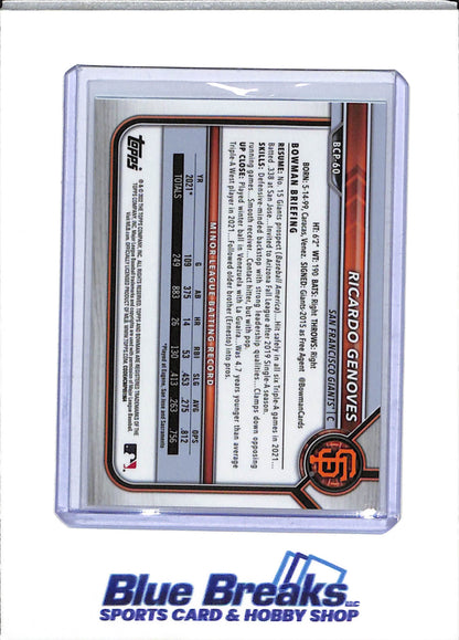 2022 Topps - Bowman Chrome - 1st - Sapphire Aqua - Ricardo Genoves - 18/55 - #BCP-60 - Baseball - Giants