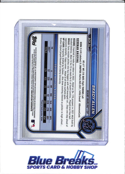 2022 Topps - Bowman Chrome - 1st - Purple Wave - Brady Allen - 015/250 - #BCP-36 - Baseball - Marlins