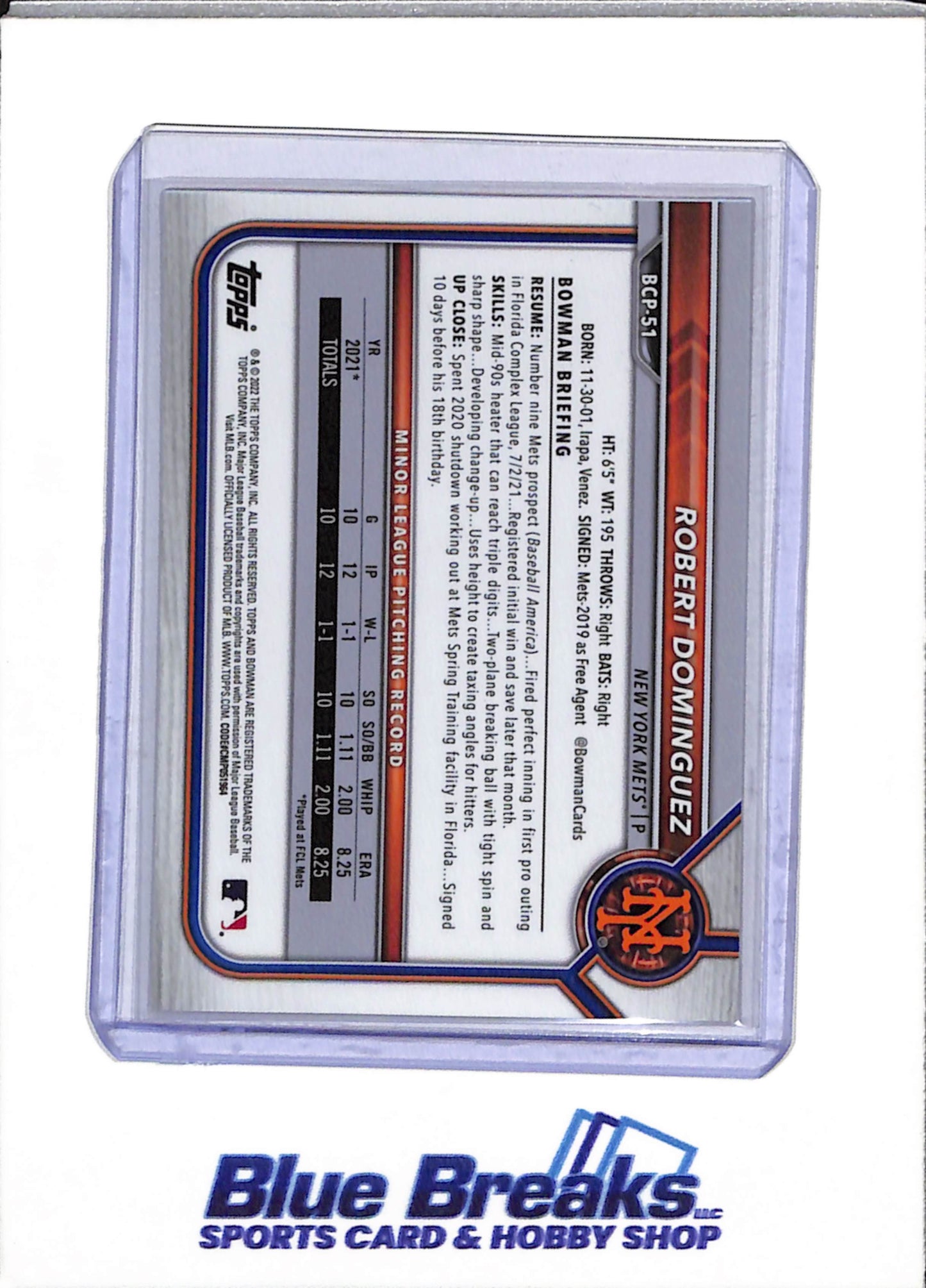 2022 Topps - Bowman Chrome - 1st - Sapphire Red Refractor - Robert Dominguez - 4/10 - #BCP-51 - Baseball - Mets