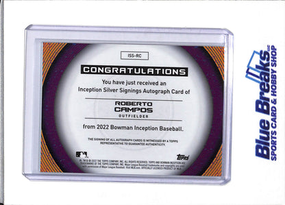 2022 Topps - Bowman - Inception - Silver Auto - Roberto Campos - 020/100 - #ISS-RC - Baseball - Tigers