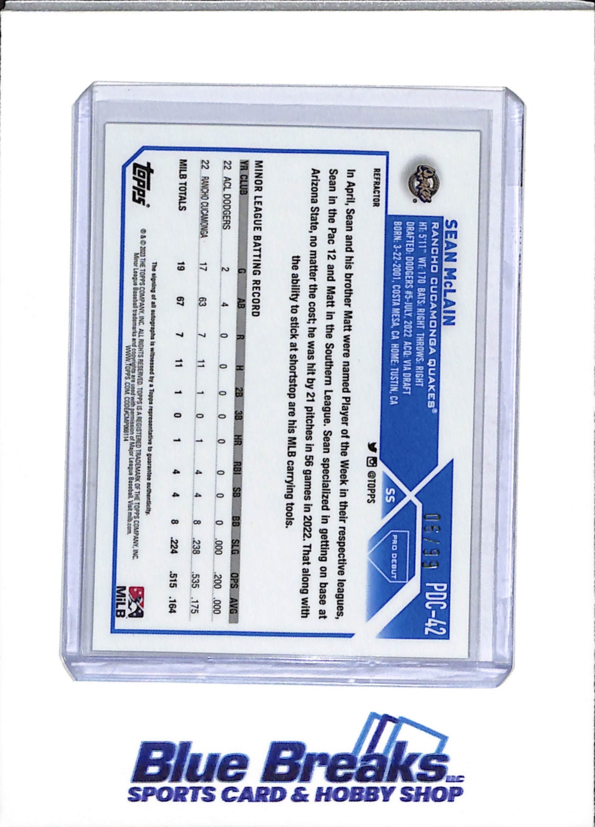 2023 Topps - Chrome - Pro Debut Auto - Sean McLain - 06/99 - #PDC-42 - Baseball - Dodgers