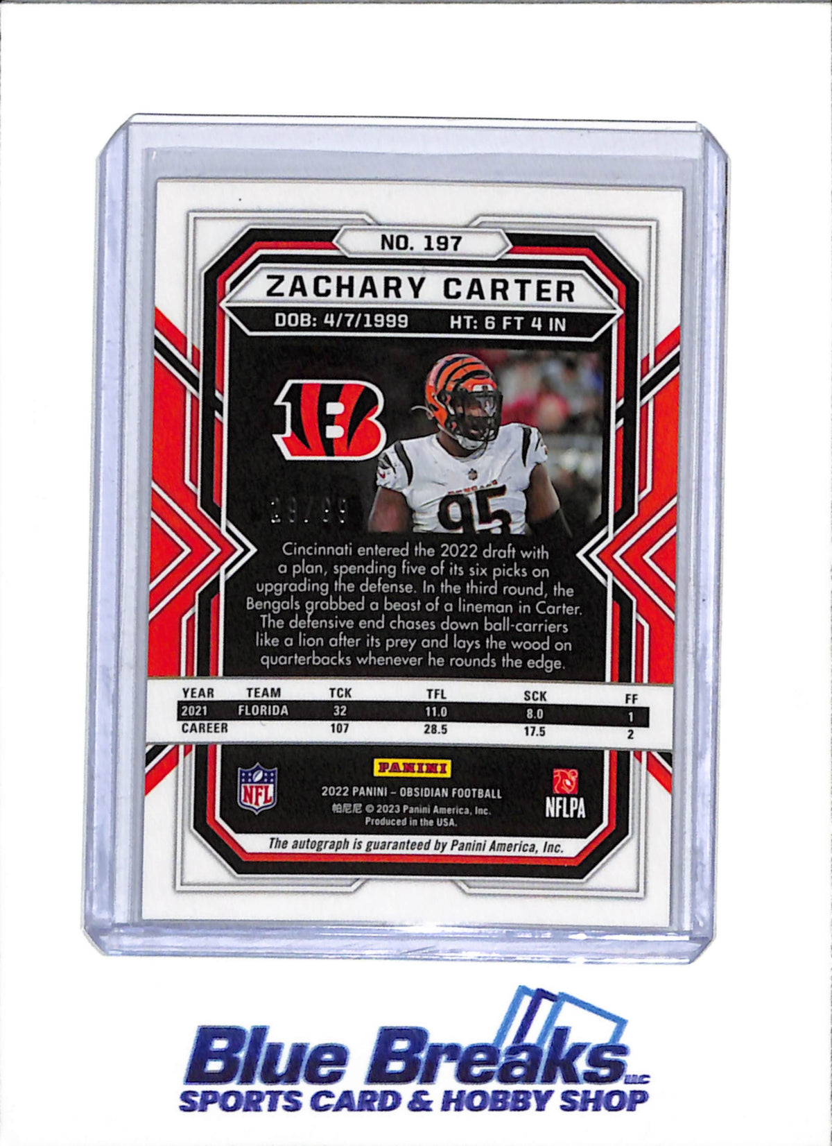 2022 Panini - Obsidian - Electric Etch Orange - Auto Rookie Card - Zachary Carter - 29/99 - #197 - Football - Bengals