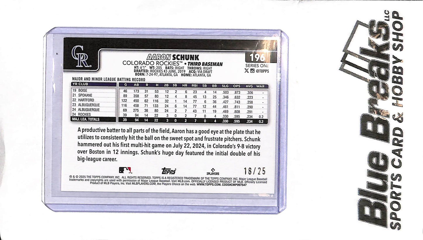 2025 Topps Series One - Aaron Schunk #196 - Orange 18/25 - RC - Baseball - Rockies