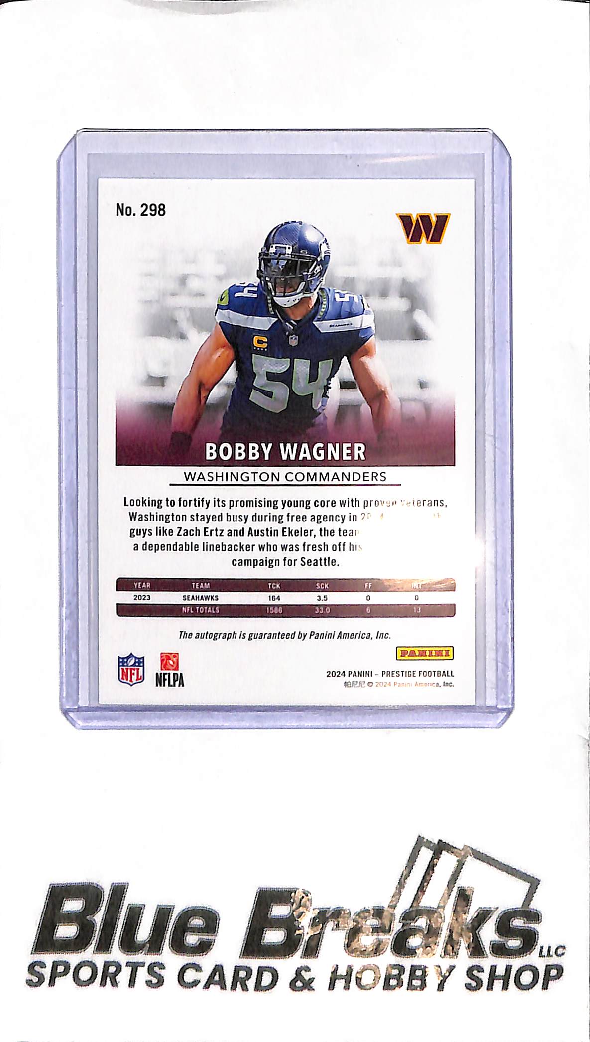 2024 Panini Prestige - Bobby Wagner Auto - 298 - Blue Foil 54/99 - Football - Commanders