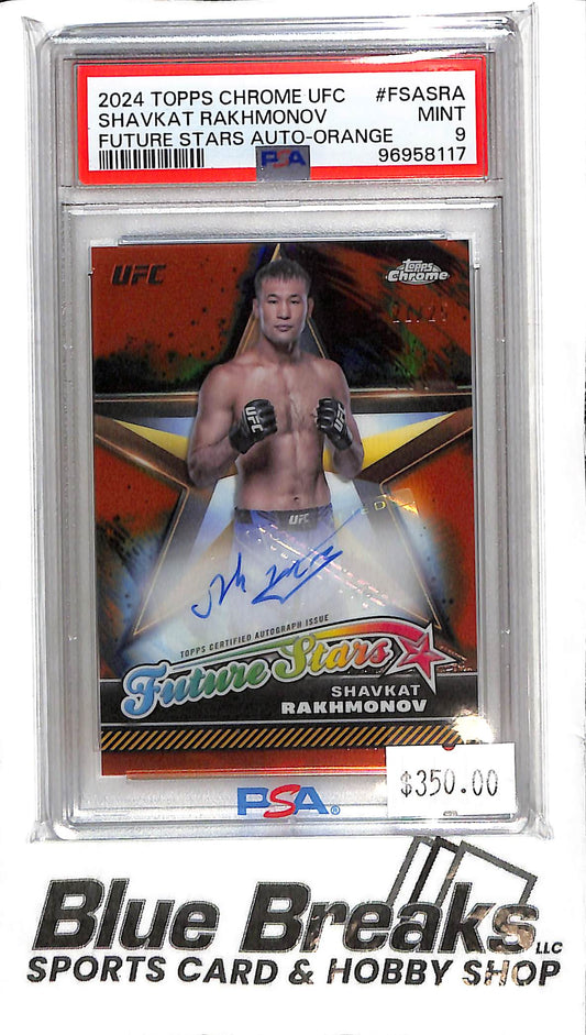 2024 Topps Chrome - Shavkat Rakhmonov Auto - PSA Mint 9 - FSA-SRA - Future Stars Orange 21/25 - Fighting - UFC