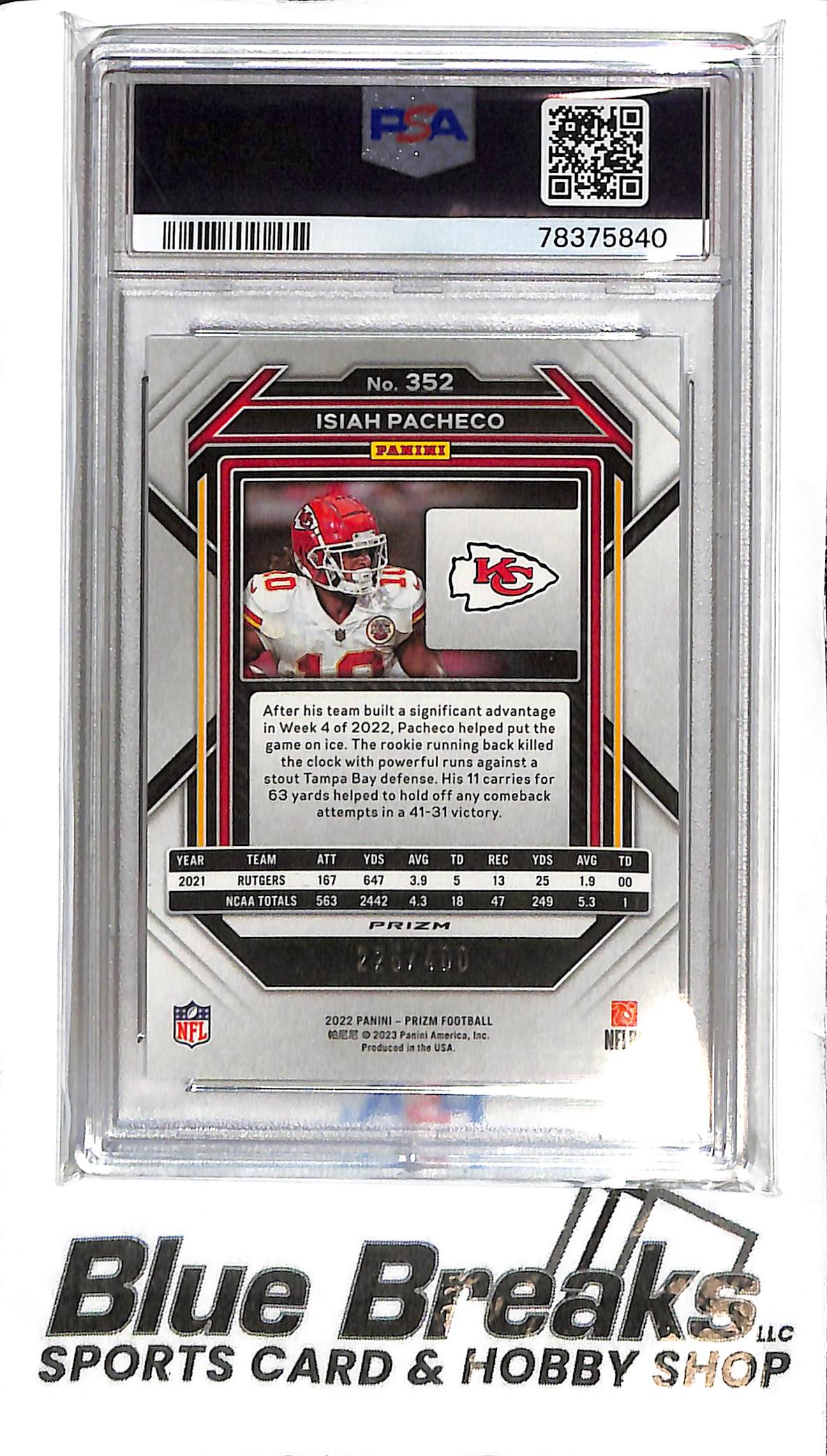 2022 Panini Prizm - Isiah Pacheco - PSA Gem Mt 10 - 352 - Pandora 225/400 - RC - Football - Chiefs