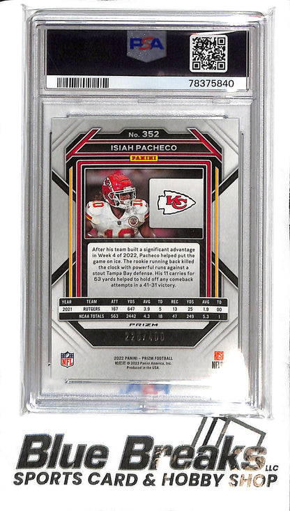 2022 Panini Prizm - Isiah Pacheco - PSA Gem Mt 10 - 352 - Pandora 225/400 - RC - Football - Chiefs