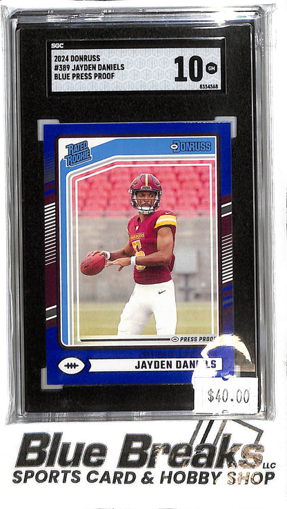 2024 Panini Donruss - Jayden Daniels - SGC Gem Mint 10 - 389 - Blue Press Proof - RC - Football - Commanders