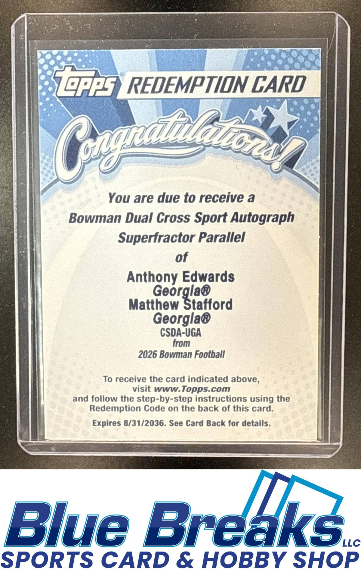 2026 Bowman Anthony Edwards Matthew Stafford #CSDA-UGA Dual Cross Sport Auto SSP Superfracator Parallel 1/1