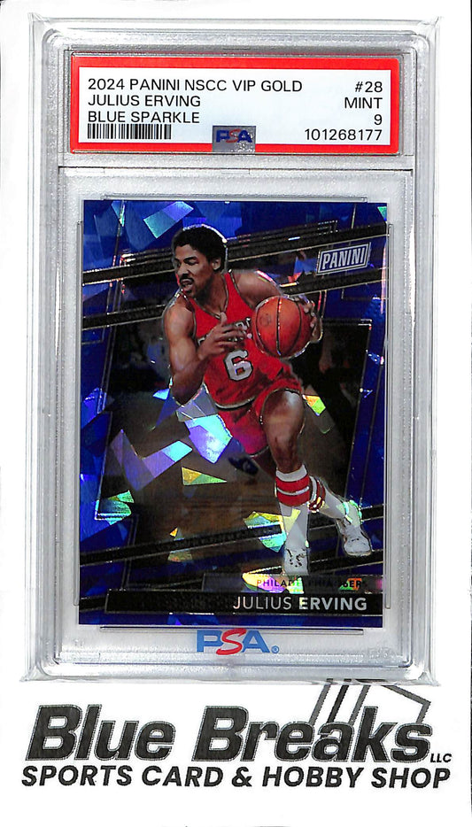 2024 Panini - The National - NSCC VIP Gold - Blue Sparkle - Julius Erving - 097/124 - #28 - PSA 9 - basketball - 76ers