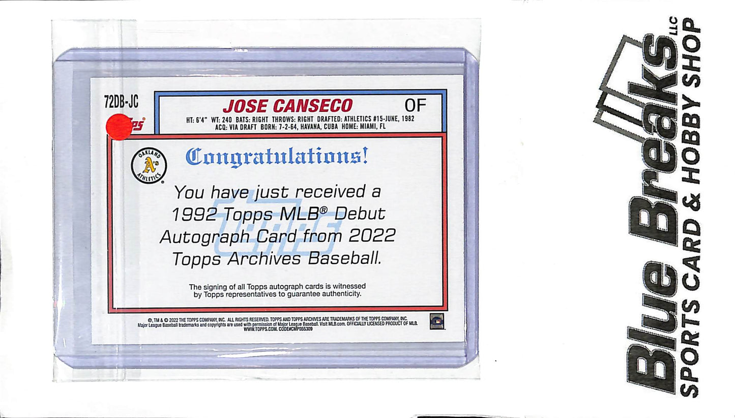 2022 Topps Archives - 1992 MLB Debut - Jose Canseco - auto - #72DB-JC - baseball - Athletics